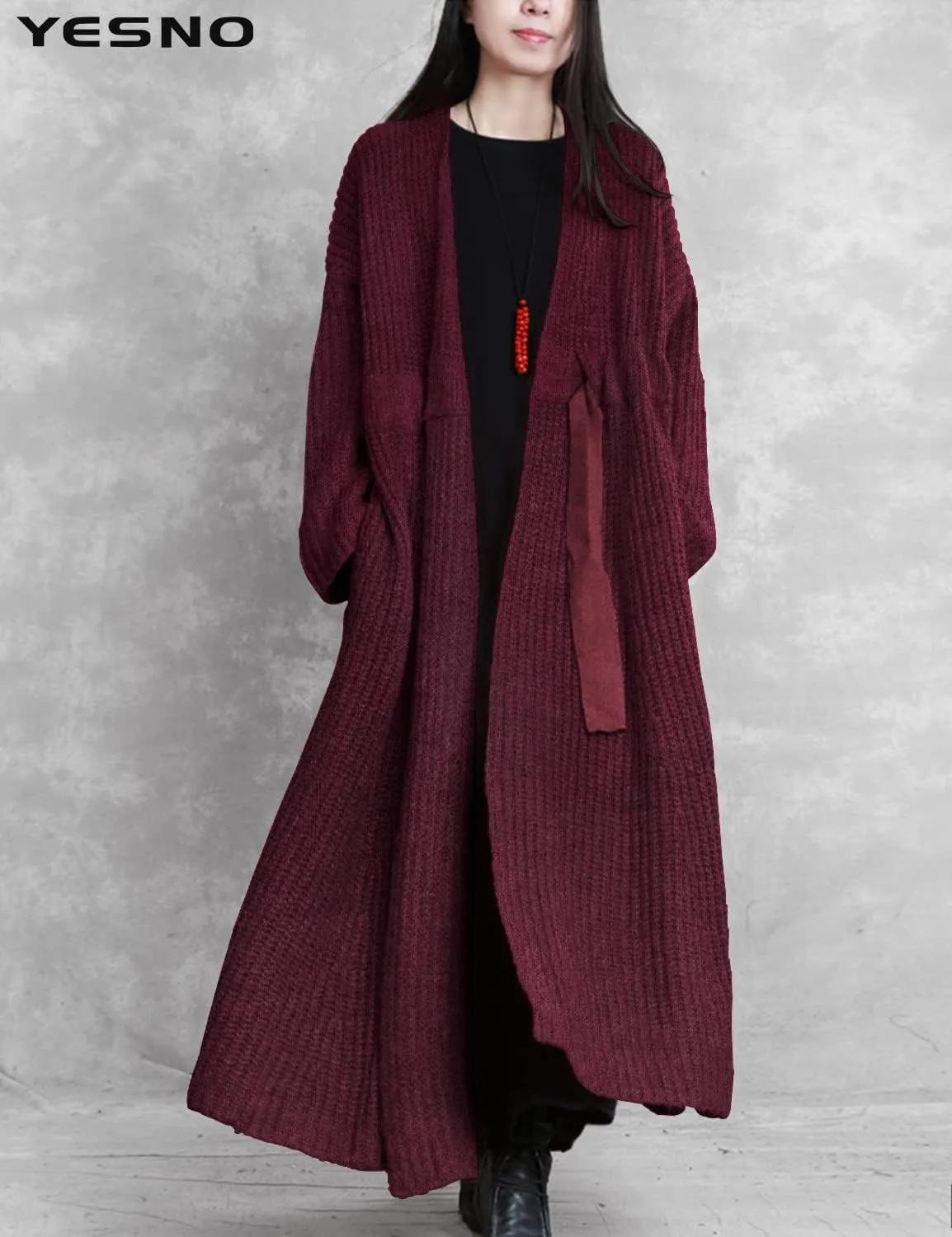 YESNO Women Casual Loose Oversized Chunky Cable Knit Open Front Coats Cardigan Sweaters Long Outerwear with Pockets YQA
