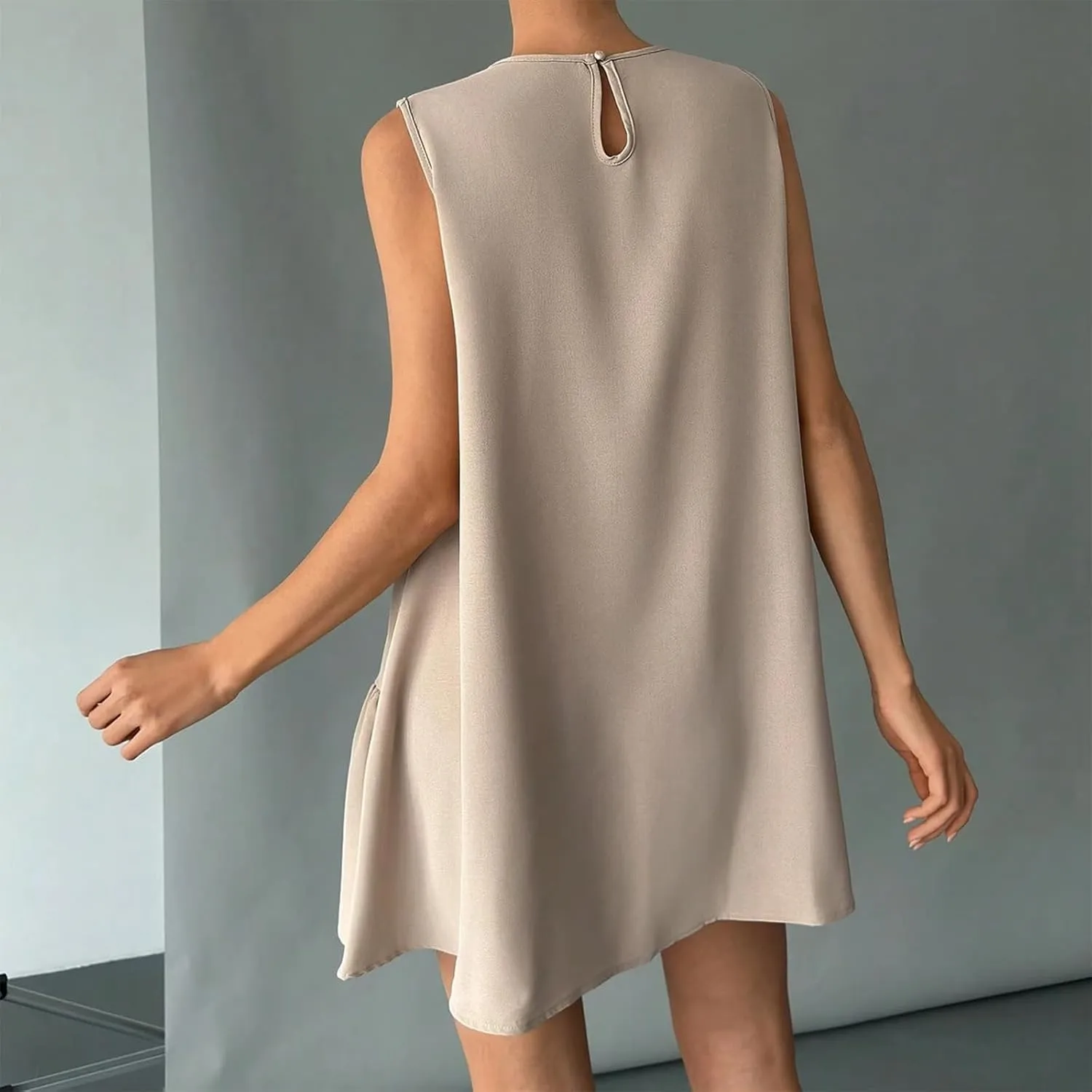Yesunpxs Summer Dresses for Women Flowy Ruffle Round Neck A-Line Shirt Dress Sleeveless Sundresses Casual Solid Tank Dress