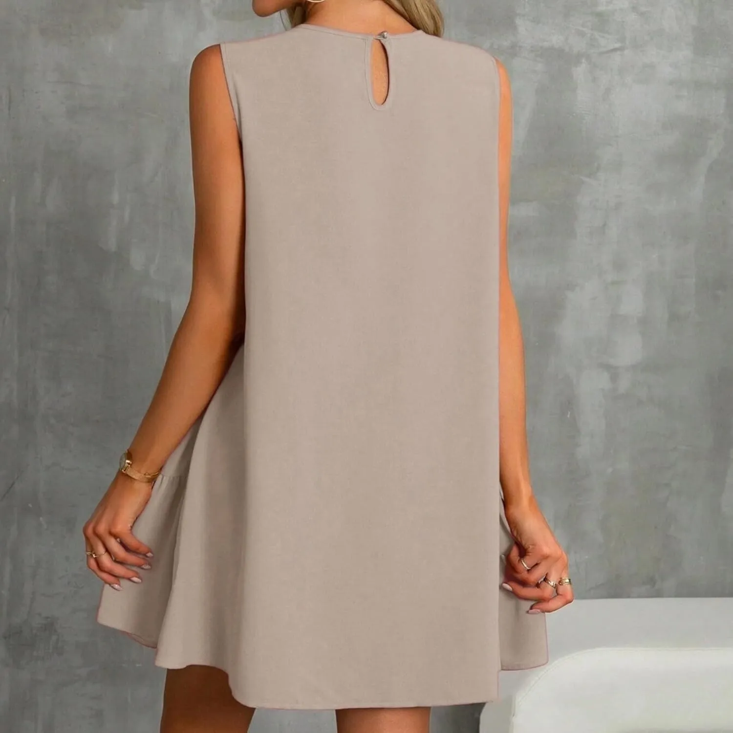 Yesunpxs Summer Dresses for Women Flowy Ruffle Round Neck A-Line Shirt Dress Sleeveless Sundresses Casual Solid Tank Dress