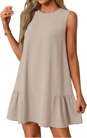 Yesunpxs Summer Dresses for Women Flowy Ruffle Round Neck A-Line Shirt Dress Sleeveless Sundresses Casual Solid Tank Dress