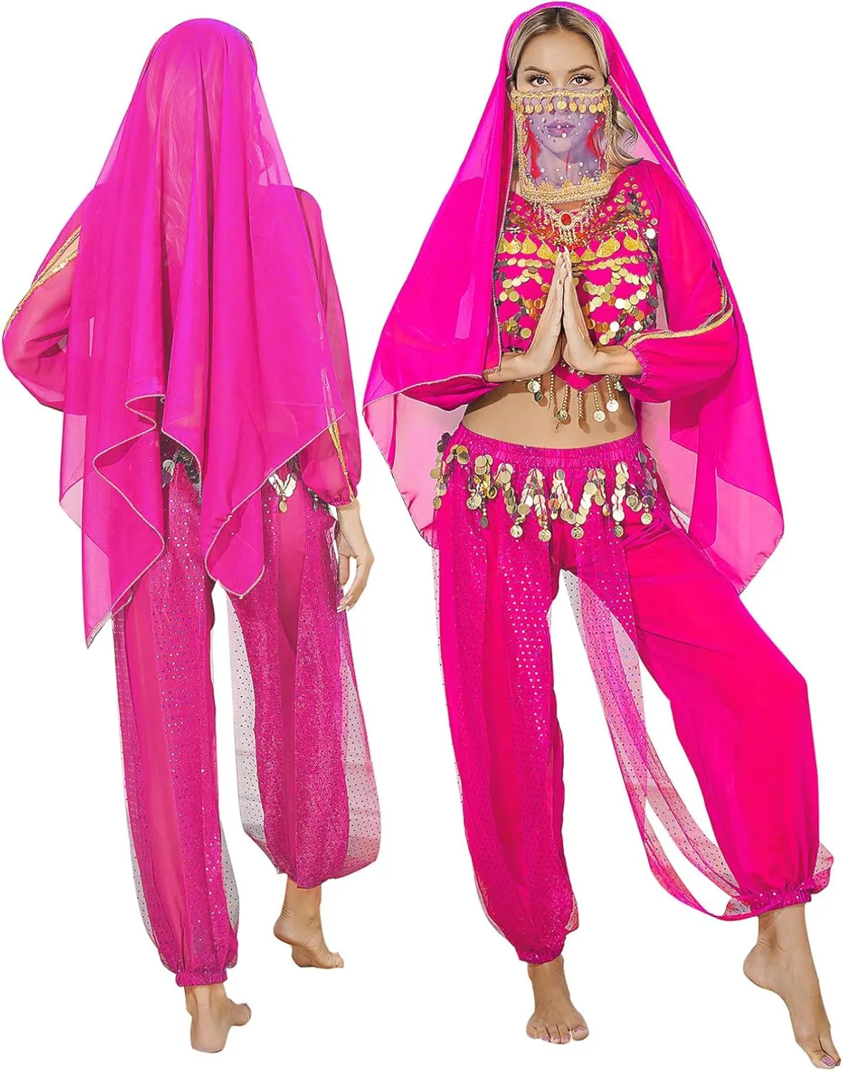 YiZYiF Women's India Belly Dance Costume Coins Top with Harem Pants Hip Scarf Halloween Costume