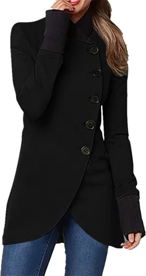 YMING Women Winter Single Breasted Pea Coat High Neck Solid Color Jacket Casual Irregular Hem Coats Plus Size