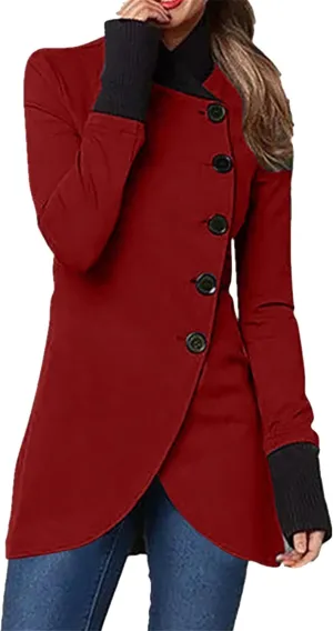 YMING Women Winter Single Breasted Pea Coat High Neck Solid Color Jacket Casual Irregular Hem Coats Plus Size