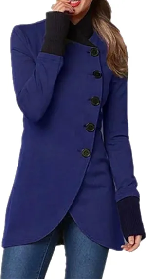 YMING Women Winter Single Breasted Pea Coat High Neck Solid Color Jacket Casual Irregular Hem Coats Plus Size