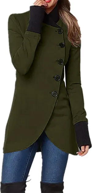 YMING Women Winter Single Breasted Pea Coat High Neck Solid Color Jacket Casual Irregular Hem Coats Plus Size