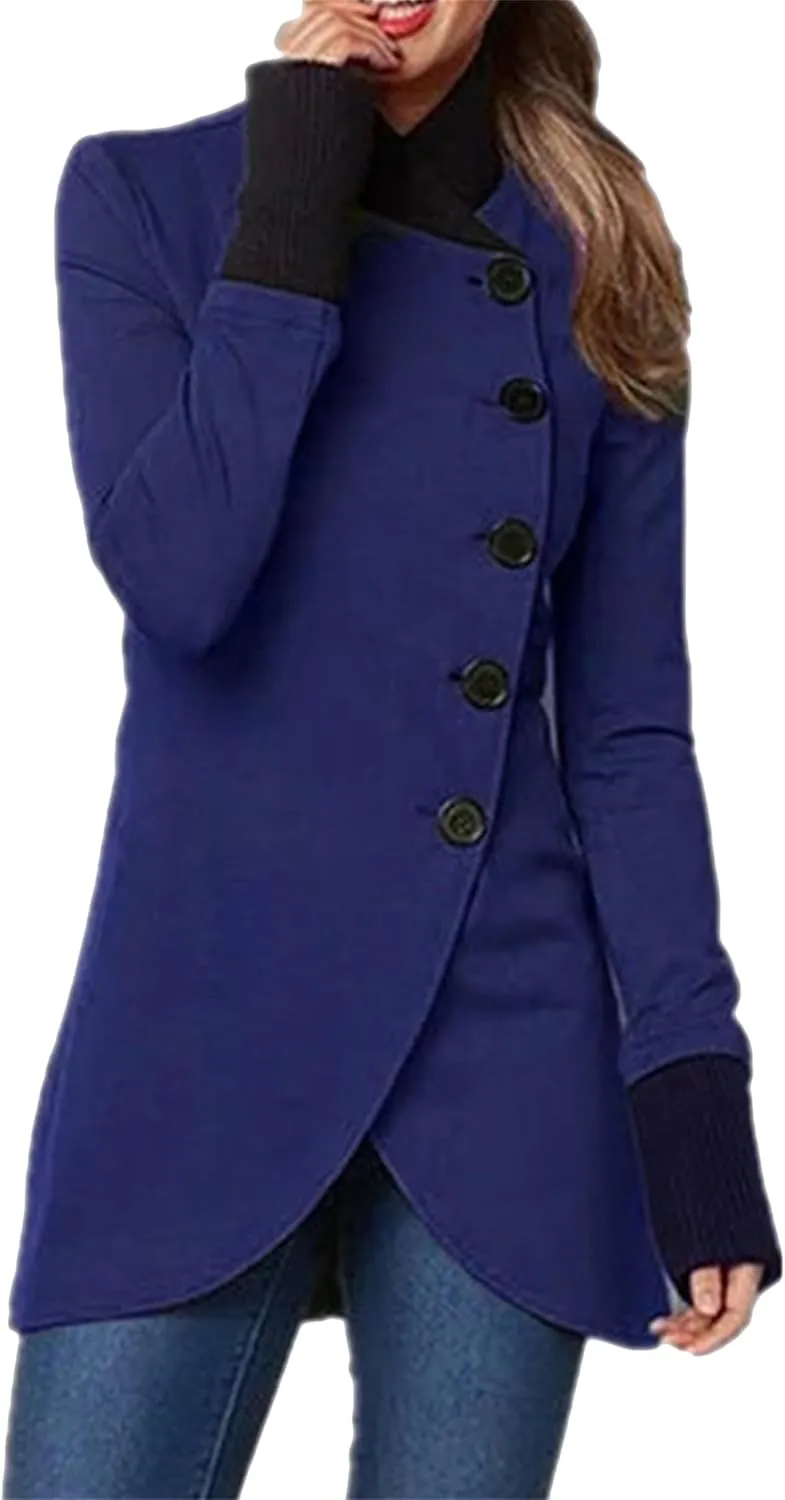 YMING Women Winter Single Breasted Pea Coat High Neck Solid Color Jacket Casual Irregular Hem Coats Plus Size