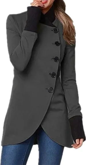 YMING Women Winter Single Breasted Pea Coat High Neck Solid Color Jacket Casual Irregular Hem Coats Plus Size