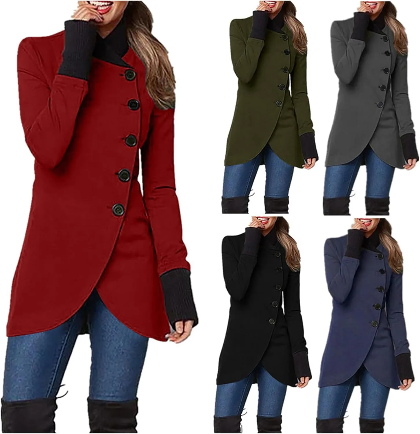 YMING Women Winter Single Breasted Pea Coat High Neck Solid Color Jacket Casual Irregular Hem Coats Plus Size