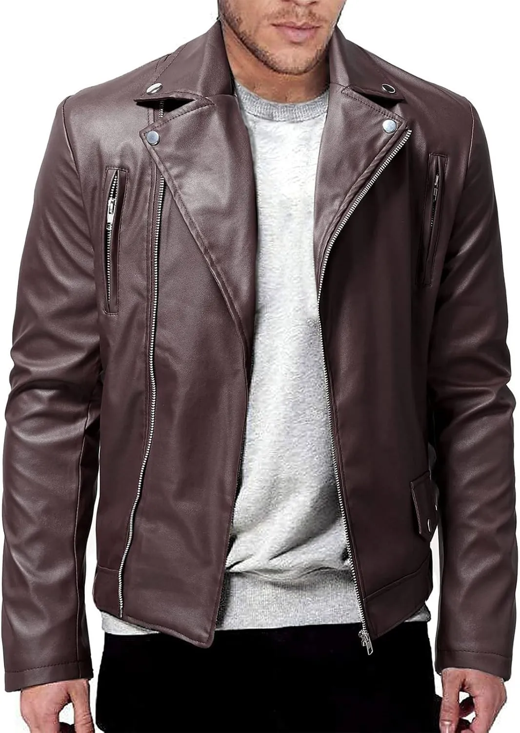 Ymosrh Men's Leather Motorcycle Jacket Racer Faux Distressed Jacket Mens, XXL-5XL
