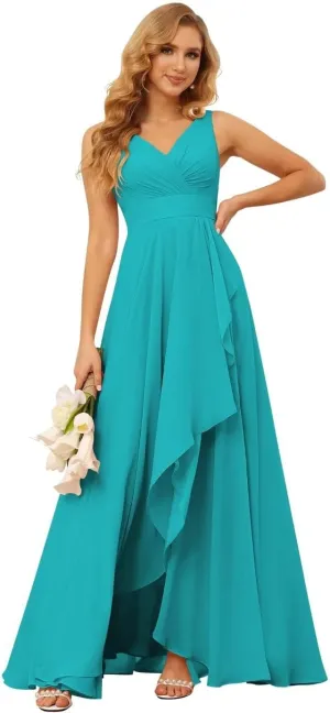 YMSHA V Neck Chiffon Bridesmaid Dresses for Women Side Slit Pleated Formal Evening Dress for Girls YMS134