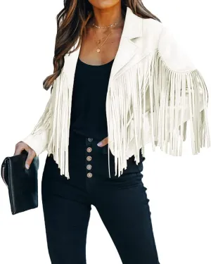 yoeasy Women Faux Suede Leather Tassel Coat Lapel Long Sleeve Motorcycle Short Fringe Jacket