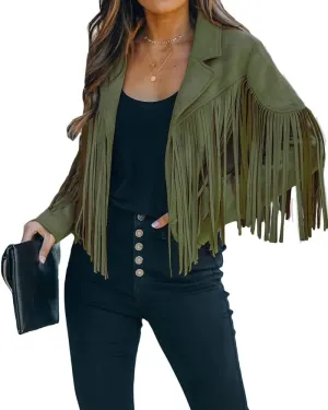 yoeasy Women Faux Suede Leather Tassel Coat Lapel Long Sleeve Motorcycle Short Fringe Jacket