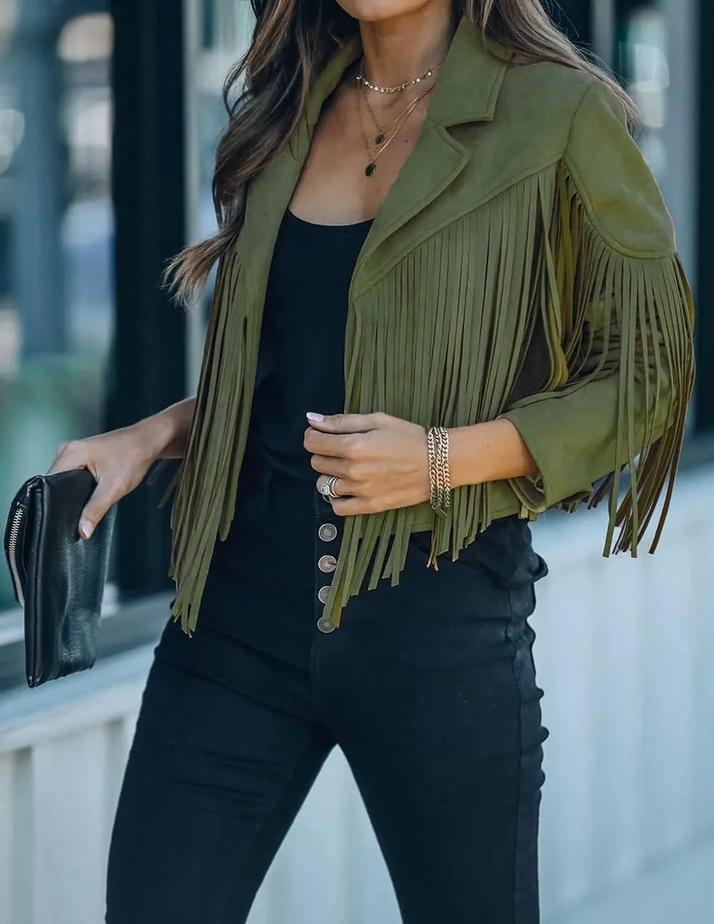 yoeasy Women Faux Suede Leather Tassel Coat Lapel Long Sleeve Motorcycle Short Fringe Jacket