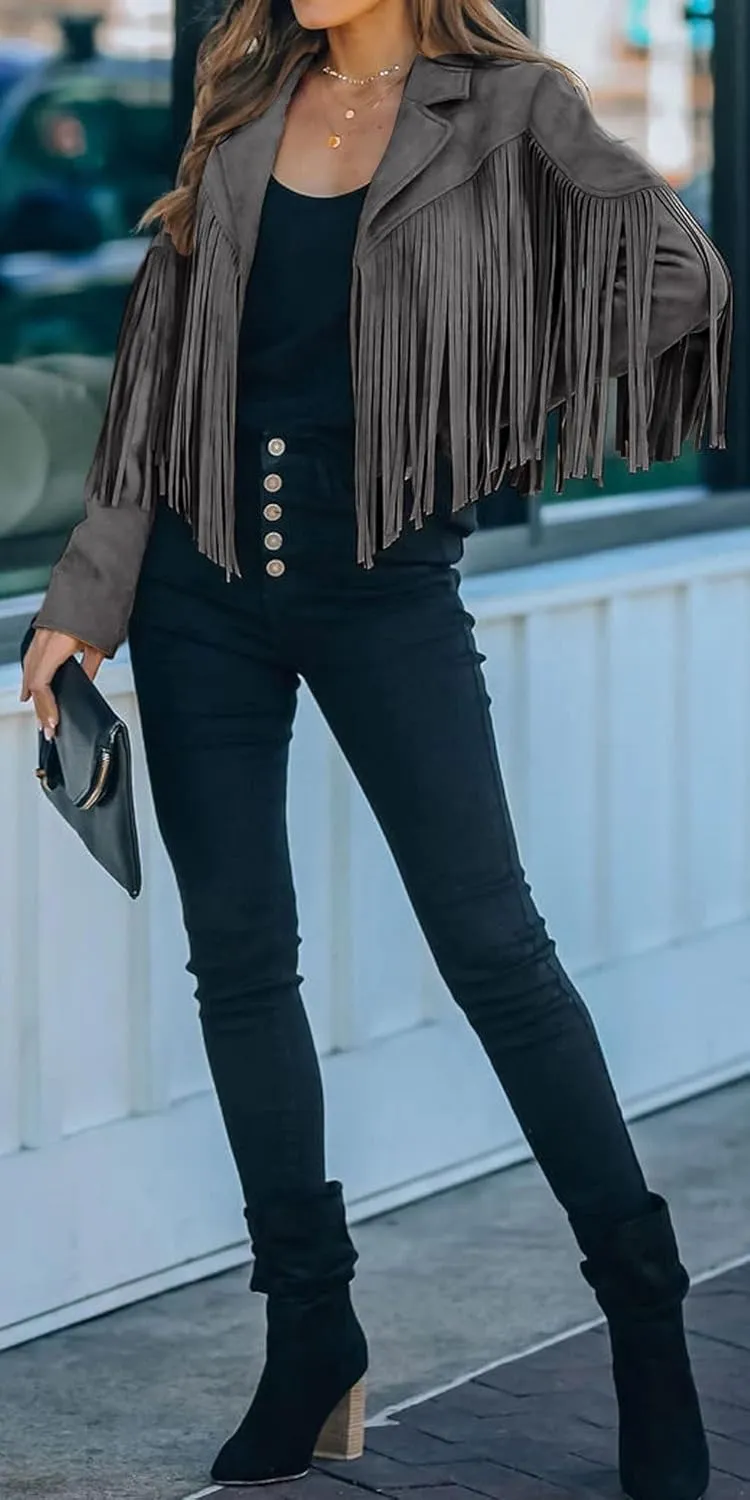 yoeasy Women Faux Suede Leather Tassel Coat Lapel Long Sleeve Motorcycle Short Fringe Jacket