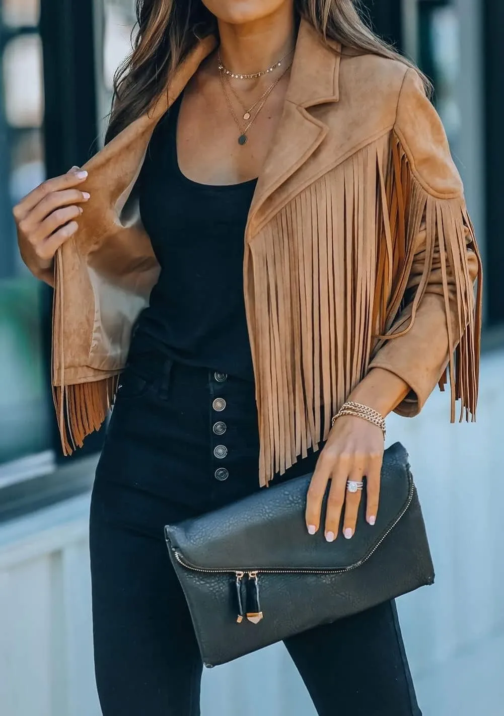 yoeasy Women Faux Suede Leather Tassel Coat Lapel Long Sleeve Motorcycle Short Fringe Jacket