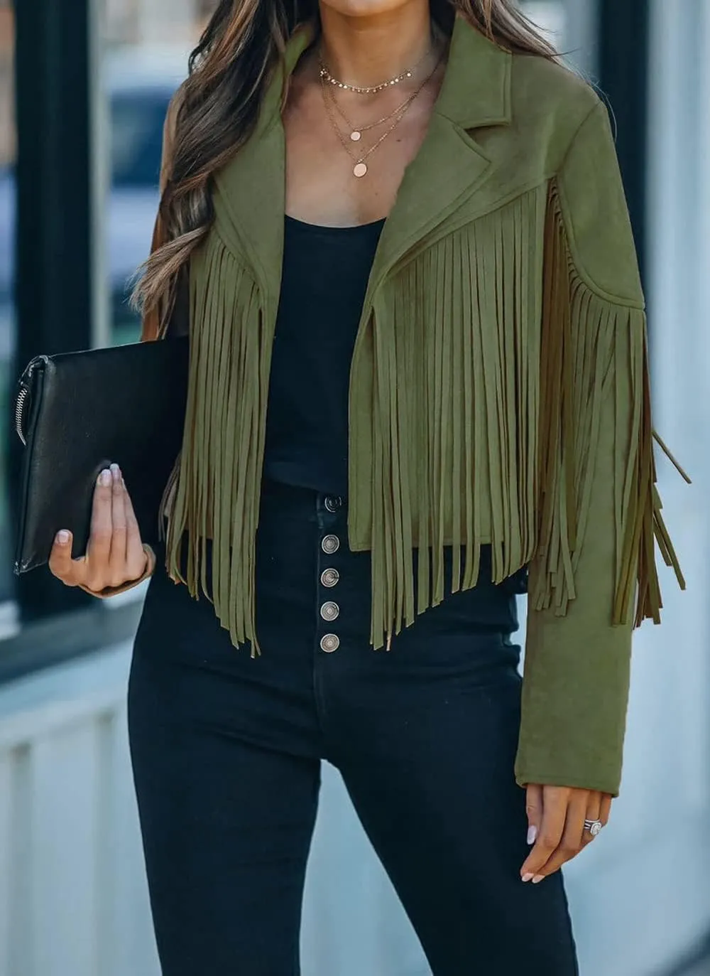 yoeasy Women Faux Suede Leather Tassel Coat Lapel Long Sleeve Motorcycle Short Fringe Jacket