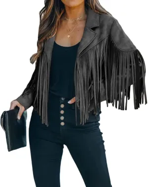 yoeasy Women Faux Suede Leather Tassel Coat Lapel Long Sleeve Motorcycle Short Fringe Jacket