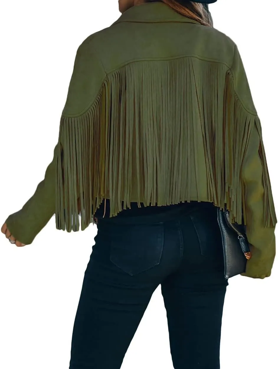 yoeasy Women Faux Suede Leather Tassel Coat Lapel Long Sleeve Motorcycle Short Fringe Jacket
