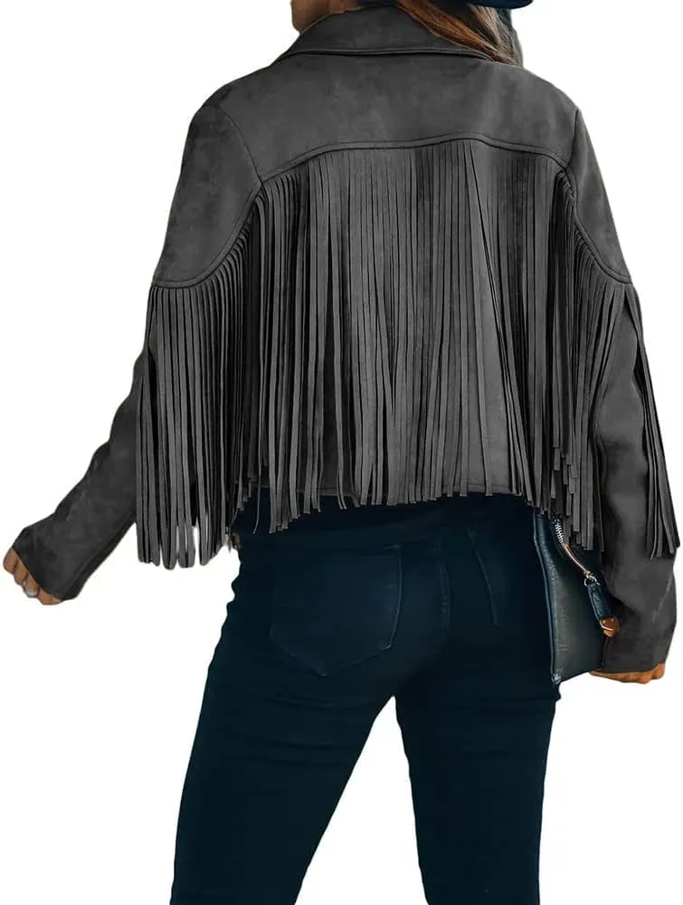 yoeasy Women Faux Suede Leather Tassel Coat Lapel Long Sleeve Motorcycle Short Fringe Jacket
