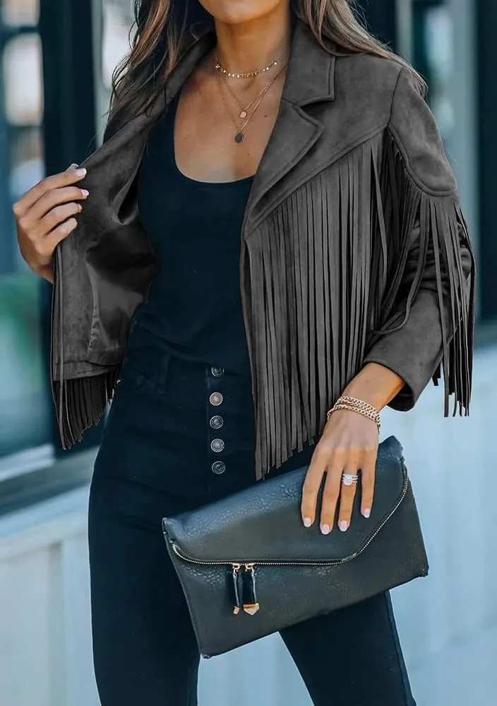 yoeasy Women Faux Suede Leather Tassel Coat Lapel Long Sleeve Motorcycle Short Fringe Jacket