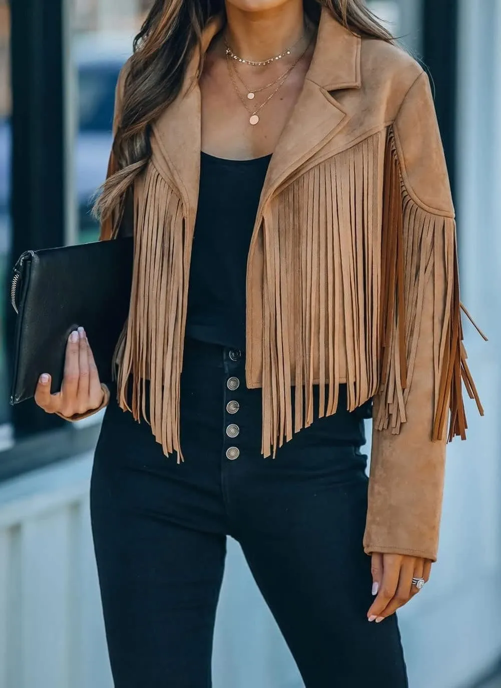 yoeasy Women Faux Suede Leather Tassel Coat Lapel Long Sleeve Motorcycle Short Fringe Jacket