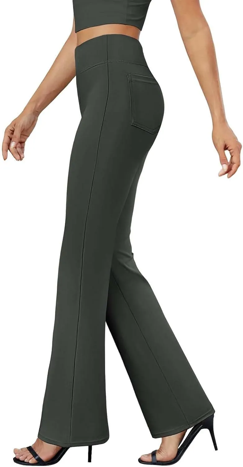Yoga Dress Pants for Women with Pockets Business Casual High Waisted Work Pants Flare Leggings Tummy Control Slacks