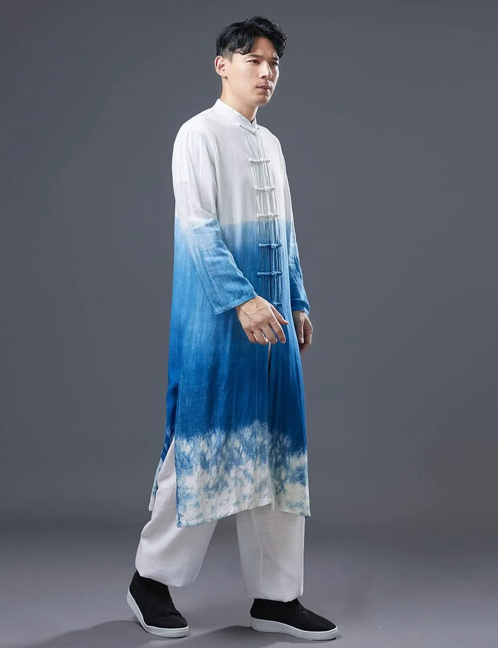 Ystylee Men's Kimono Trench Coat Cotton Linen Printed Chinese Kung Fu Frog Buttons Long Tang Suit Jacket