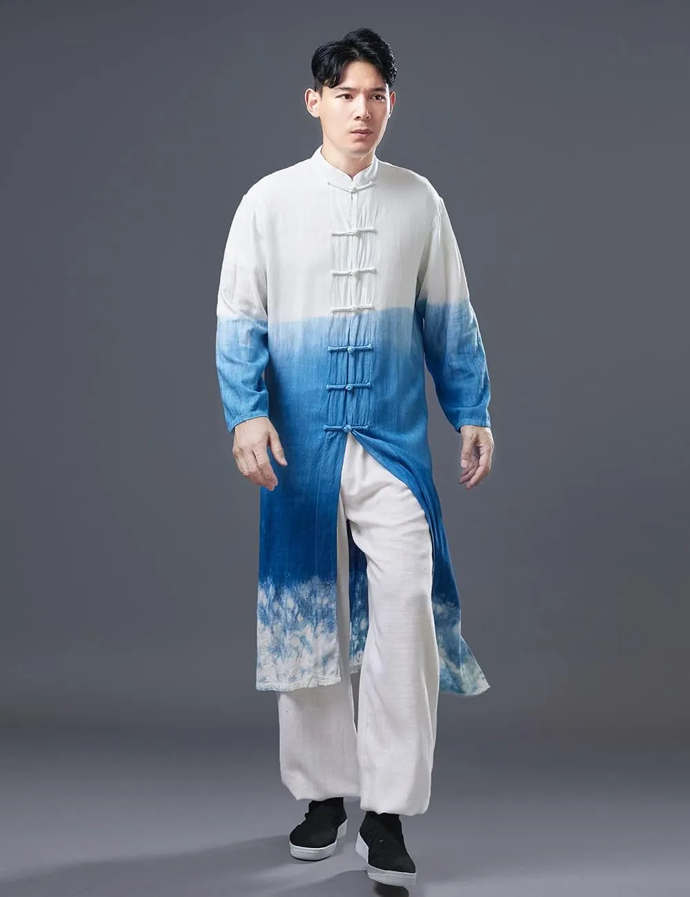 Ystylee Men's Kimono Trench Coat Cotton Linen Printed Chinese Kung Fu Frog Buttons Long Tang Suit Jacket