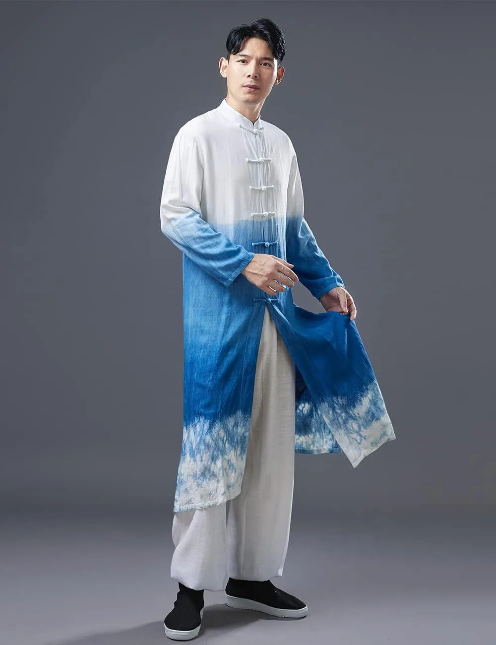 Ystylee Men's Kimono Trench Coat Cotton Linen Printed Chinese Kung Fu Frog Buttons Long Tang Suit Jacket
