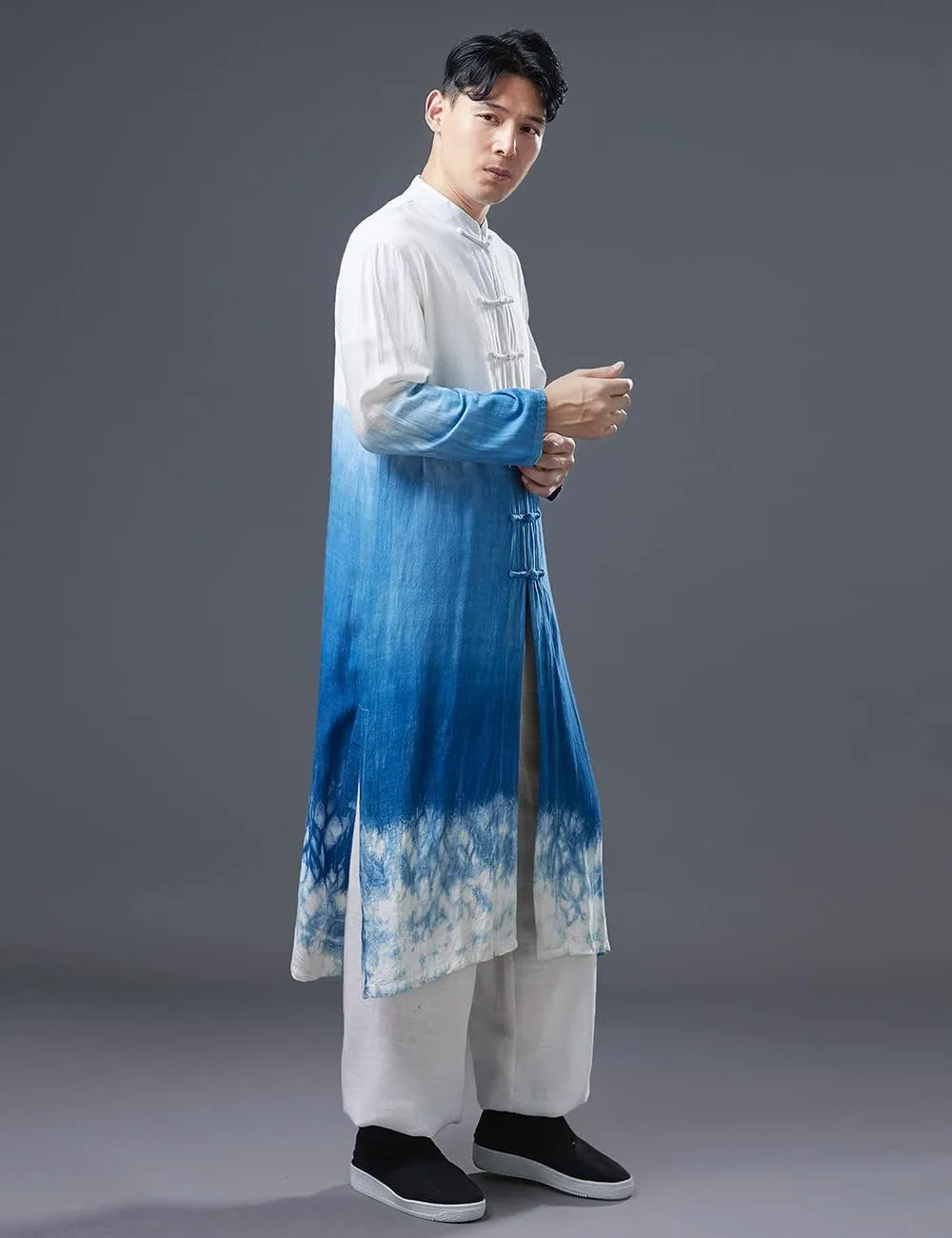Ystylee Men's Kimono Trench Coat Cotton Linen Printed Chinese Kung Fu Frog Buttons Long Tang Suit Jacket