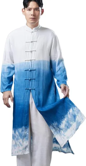 Ystylee Men's Kimono Trench Coat Cotton Linen Printed Chinese Kung Fu Frog Buttons Long Tang Suit Jacket