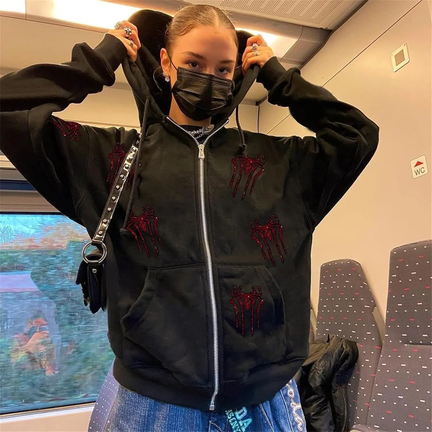 Yuemengxuan Women Y2k Goth Zip Up Hoodie Long Sleeve Harajuku Sweatshirt Aesthetic Casual Oversized Hooded Top Streetwear