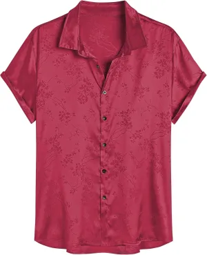ZAFUL Mens Silky Satin Dress Shirt Short Sleeve Floral Print Jacquard Button Up Shirt Summer Holiday Party Fashion Shirt