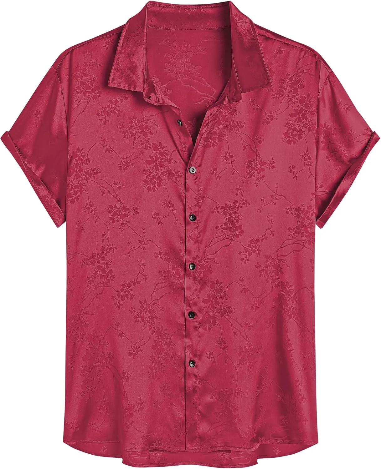 ZAFUL Mens Silky Satin Dress Shirt Short Sleeve Floral Print Jacquard Button Up Shirt Summer Holiday Party Fashion Shirt