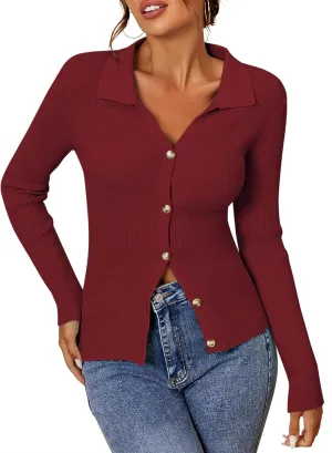 ZAFUL Women Long Sleeve Polo Sweater V Neck Button Down Ribbed Knit Cardigan Top