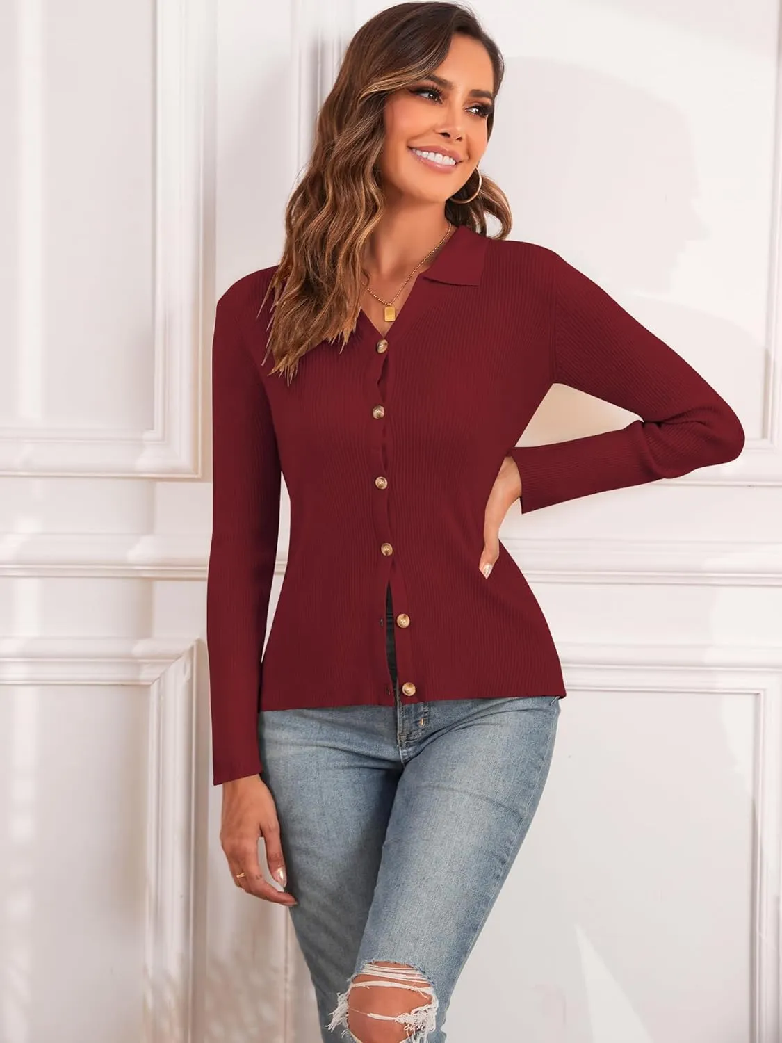 ZAFUL Women Long Sleeve Polo Sweater V Neck Button Down Ribbed Knit Cardigan Top