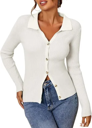 ZAFUL Women Long Sleeve Polo Sweater V Neck Button Down Ribbed Knit Cardigan Top