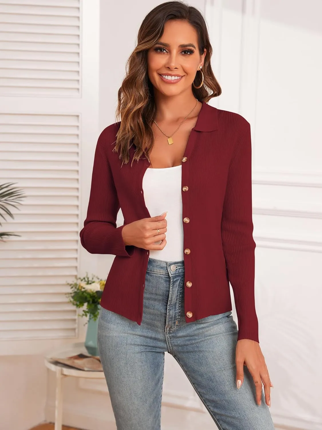 ZAFUL Women Long Sleeve Polo Sweater V Neck Button Down Ribbed Knit Cardigan Top
