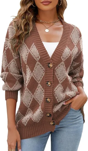 ZAFUL Women's Cardigan Sweaters Argyle Plaid Long Sleeve Button Down Preppy Oversized Chunky Knit Outerwear