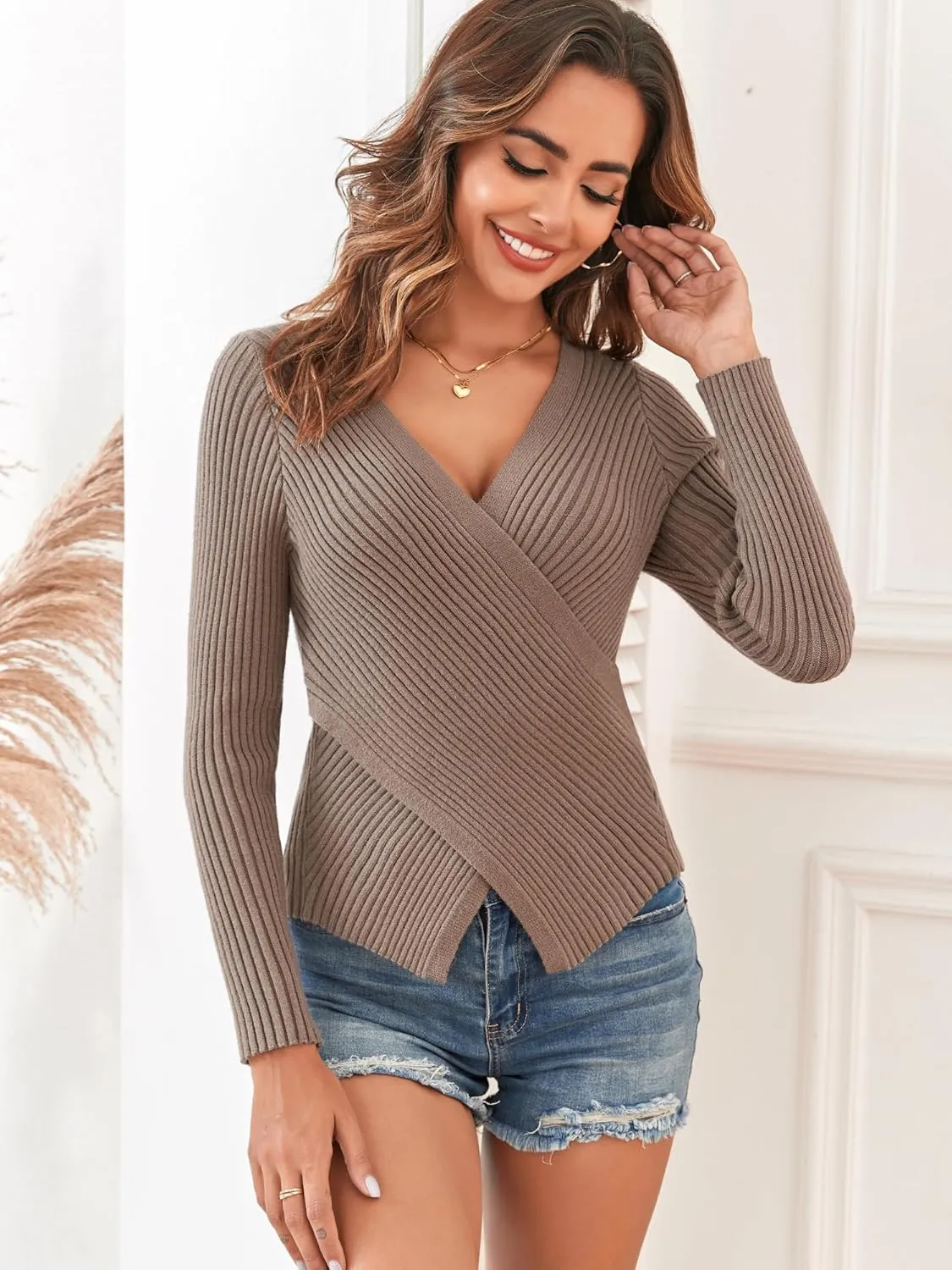 ZAFUL Women's Criss Cross V Neck Sweaters 2024 Dressy Casual Front Slit Ribbed Knit Pullover Sweater Jumper Tops