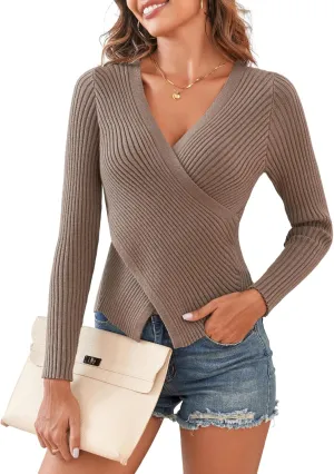 ZAFUL Women's Criss Cross V Neck Sweaters 2024 Dressy Casual Front Slit Ribbed Knit Pullover Sweater Jumper Tops