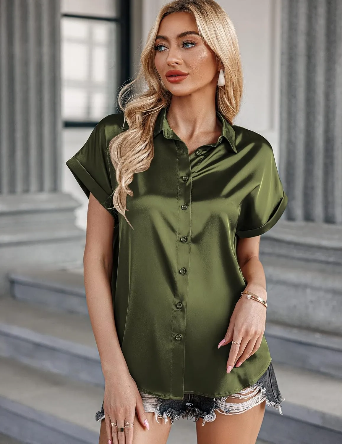 Zeagoo Silk Blouse for Women Short Sleeve Satin Button Down Shirts Casual Loose V-Neck Business Work Tunic Top