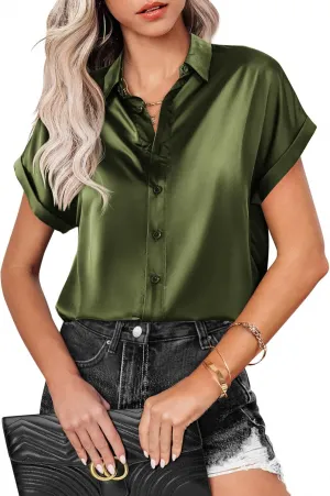 Zeagoo Silk Blouse for Women Short Sleeve Satin Button Down Shirts Casual Loose V-Neck Business Work Tunic Top