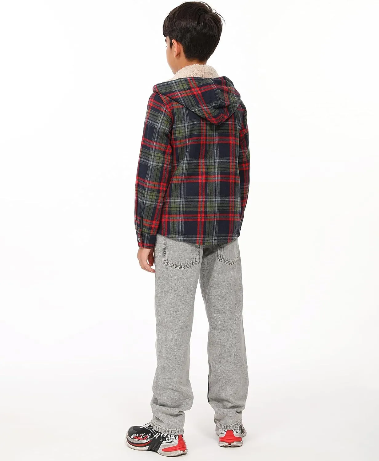 ZENTHACE Boys Sherpa Lined Full Zip Flannel Plaid Shirt Jacket,Cozy Hooded Flannel Shirt with Hand Pockets