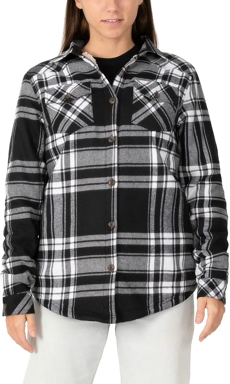 ZENTHACE Womens Sherpa Fleece Lined Flannel Jacket Button Down Plaid Flannel Shirt Jacket(All Sherpa Lining)