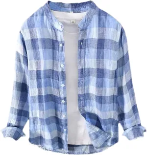 ZMIN Men's Caual Solid Linen Shirt Men Stand Collar Striped Shirts for Men Casual Shirt