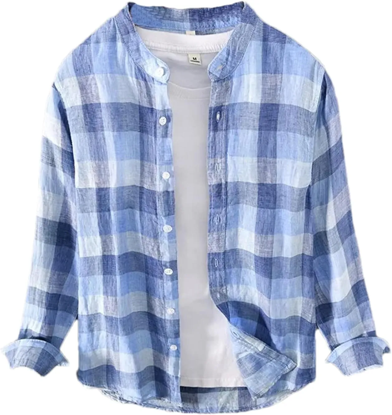 ZMIN Men's Caual Solid Linen Shirt Men Stand Collar Striped Shirts for Men Casual Shirt
